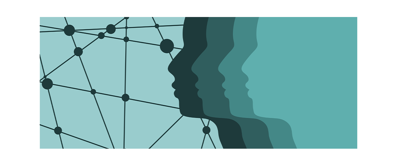 Abstract image of 4 profiles of a face in different shades of green